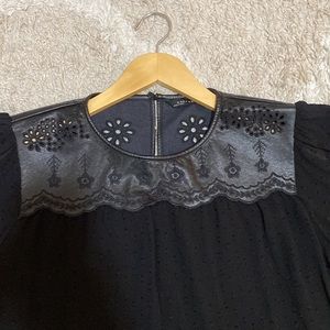 Zara Cropped Long Sleeve Black Top with Leather Embroidered Neck Line | Size L